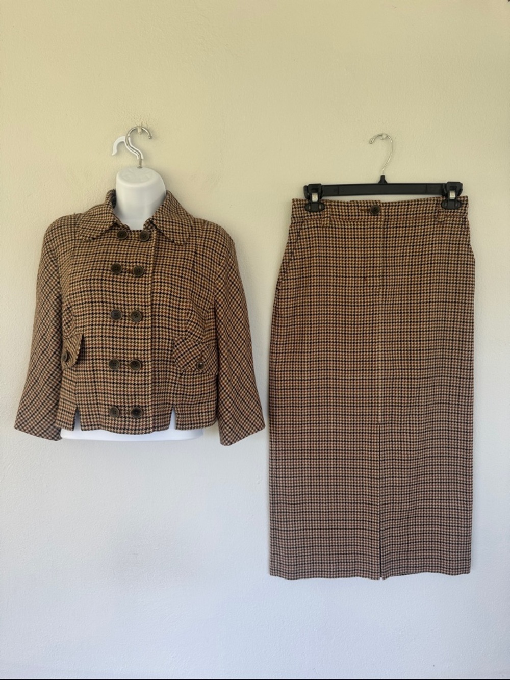 CAbi brown green houndstooth plaid print matching skirt and blazer set small - Picture 3 of 14
